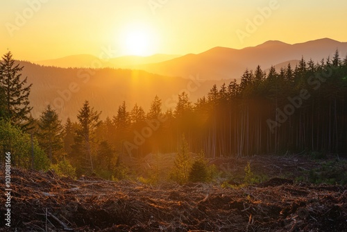 Sunset casts a golden glow over a clear-cut forest with distant mountains