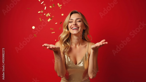Happy woman in a gold dress with hands raised and confetti falling around her