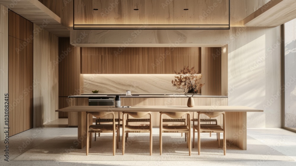 Modern Minimalist Kitchen Design with Wooden Table and Natural Light Modern Minimalist Kitchen Design with Wooden Table and Natural Light