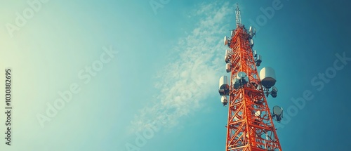 A vibrant telecom tower reaching into a clear sky, symbolizing communication and connectivity in a modern world.