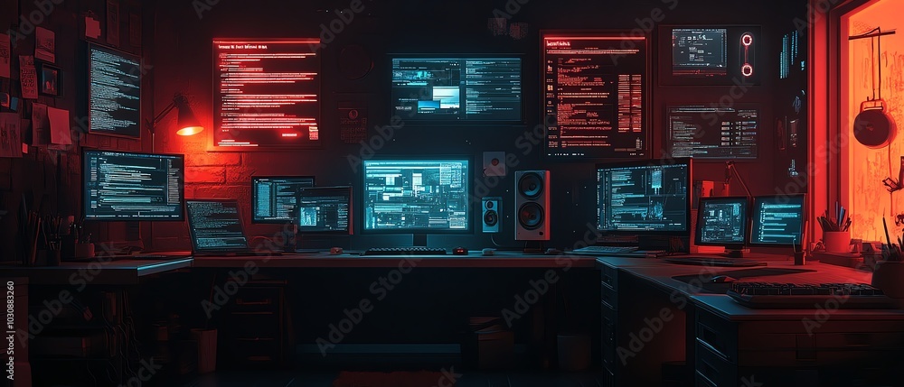 A futuristic workspace featuring multiple glowing screens and ambient lighting, ideal for tech or gaming themes. A futuristic workspace featuring multiple glowing screens and ambient lighting, ideal for tech or gaming themes.