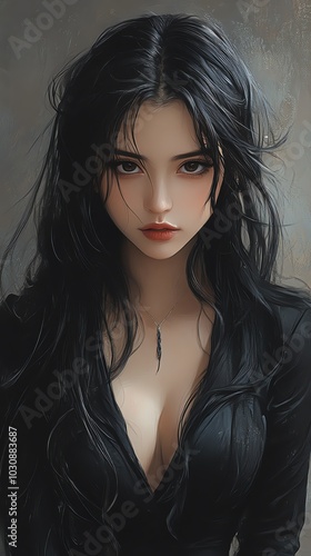 A captivating portrait of a woman with dark hair and striking features, exuding elegance and mystery.