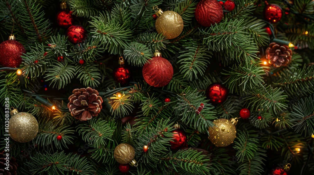 Close-up of a Christmas Tree with Ornaments and Lights Close-up of a Christmas Tree with Ornaments and Lights