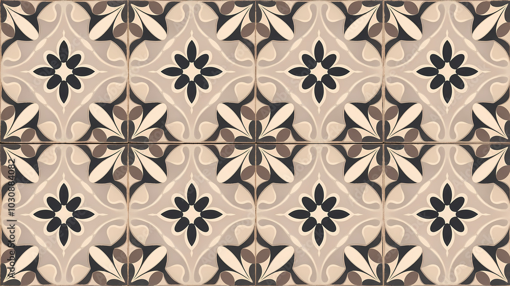 Decorative tile with geometric floral pattern in beige and black tones with repeating motifs. Decorative tile with geometric floral pattern in beige and black tones with repeating motifs.