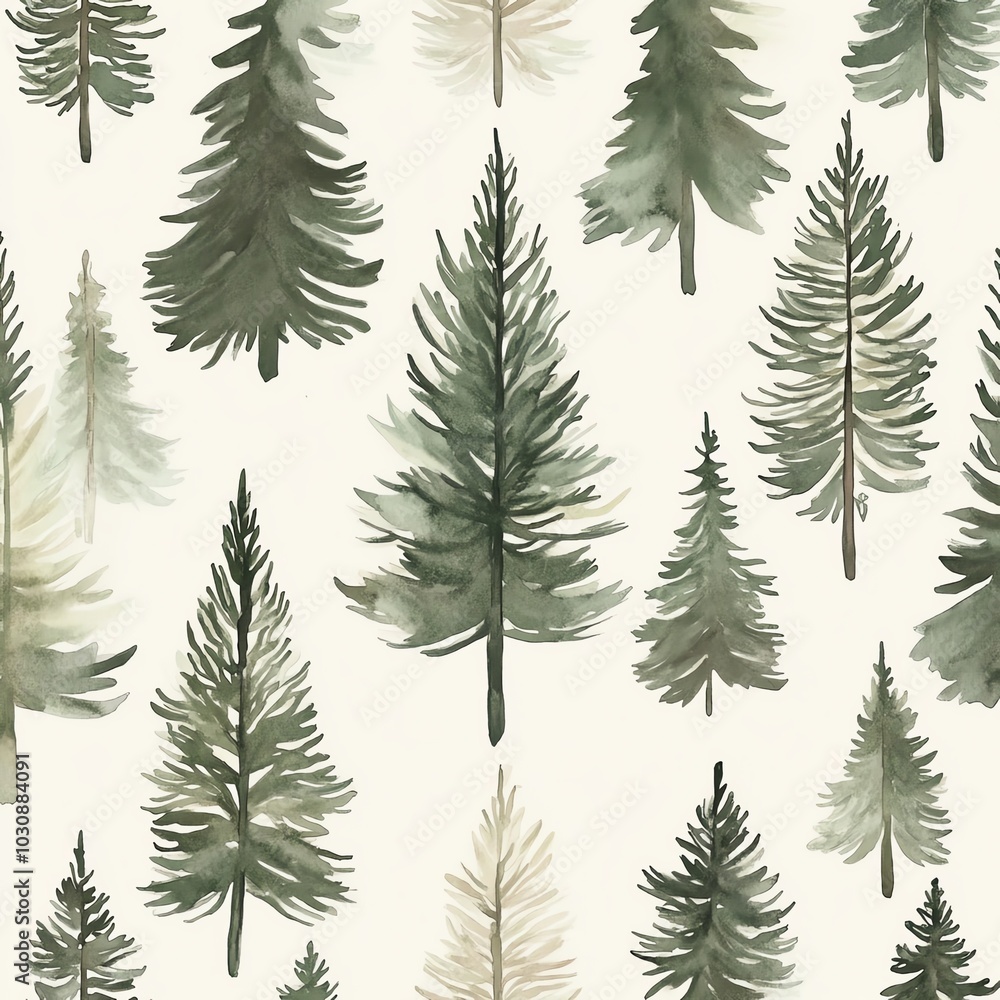 A serene pattern featuring various watercolor pine trees, perfect for nature-themed designs or backgrounds. A serene pattern featuring various watercolor pine trees, perfect for nature-themed designs or backgrounds.