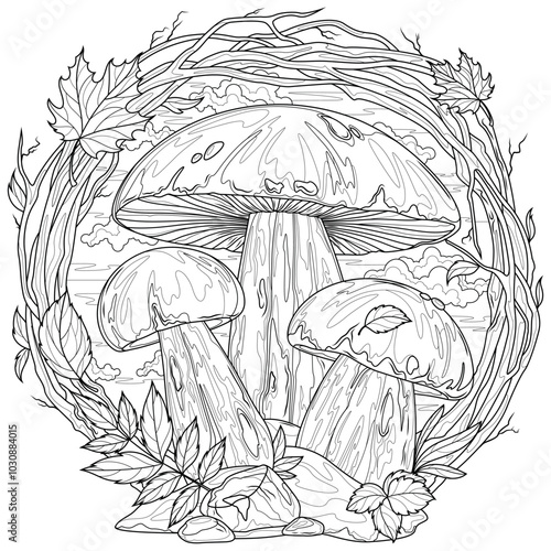 Porcini mushrooms in a frame of branches.Coloring book antistress for children and adults. 