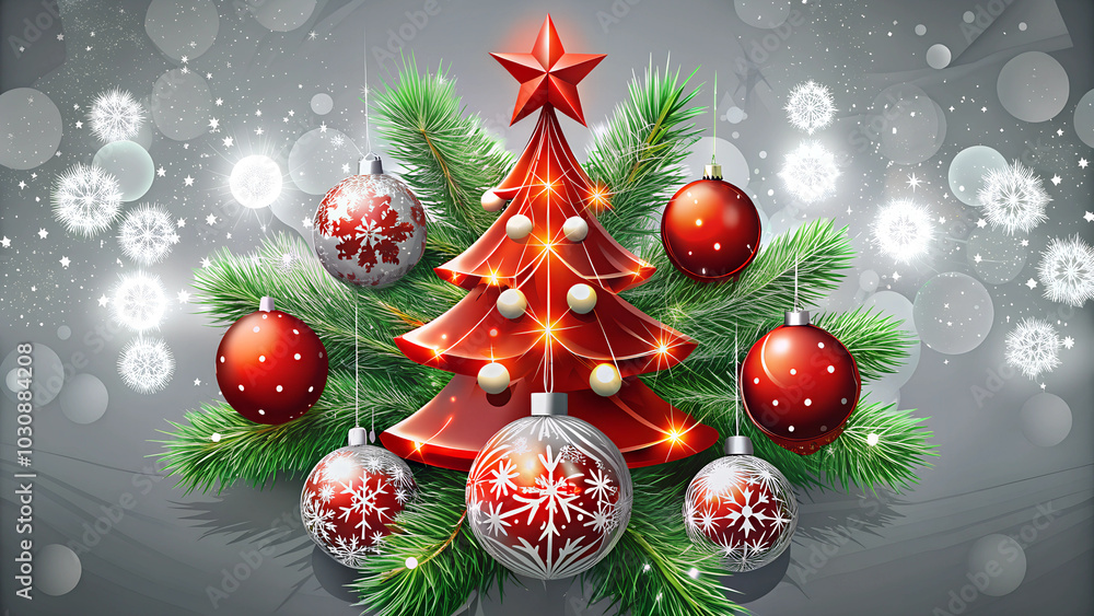 Decorative Christmas tree with red and silver ornaments on sparkling grey background
Decorative Christmas tree with red and silver ornaments on sparkling grey background