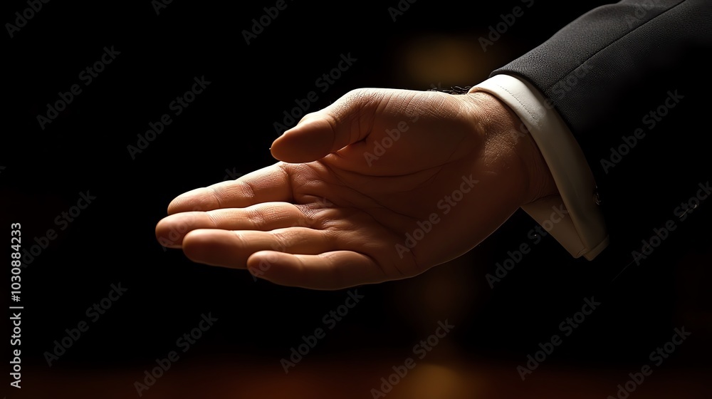 Elegant hand gesture in a dark setting, symbolizing invitation, openness, and communication. Perfect for business or personal themes.