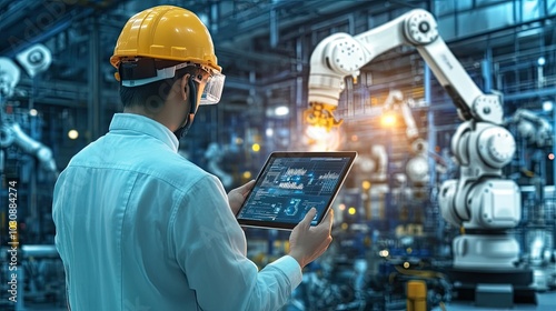 Industry engineer in factory using smart tablet glass device control automated robot arm machine learning operation 