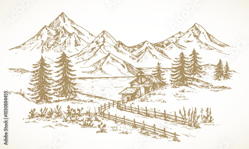 Mountain Cabin Sketch Rustic Landscape Illustration. Hand Drawn Vector Mountains, Lake, Forest and Road Doodle. Engraving Style Outdoor Pine Wood Chalet Drawing. Isolated