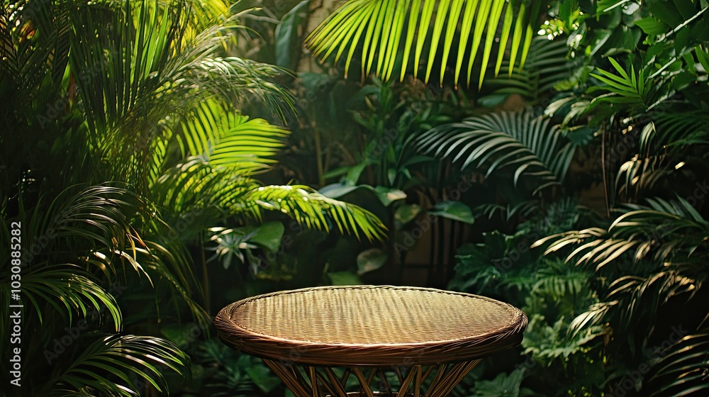Jungle table background. Interior table for a cosmetic item against the backdrop of tropical plants Jungle table background. Interior table for a cosmetic item against the backdrop of tropical plants