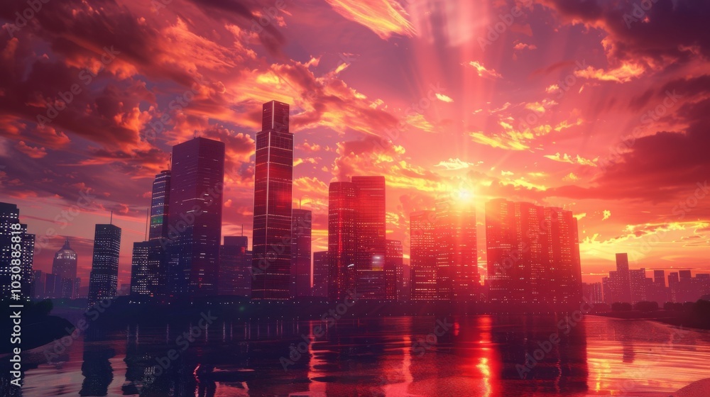 Fototapeta premium Cityscape Sunset: Skyscrapers Reflecting Golden Hour