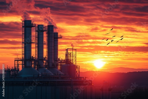 A stunning sunset behind an industrial landscape. Smoke rises from tall chimneys. The vibrant sky complements the machinery below. This image captures nature and industry. Generative AI