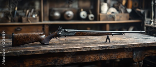 A vintage rifle displayed on a rustic table in an antique workshop, showcasing craftsmanship and historical significance.