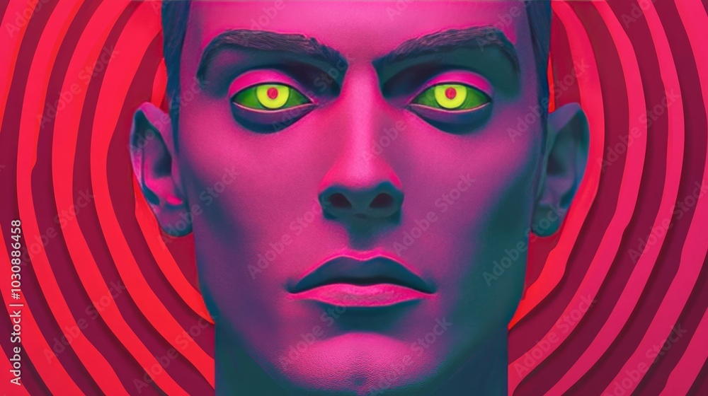 A man with green eyes stares into the camera, his face a vibrant pink against a red and pink swirling background. A man with green eyes stares into the camera, his face a vibrant pink against a red and pink swirling background.