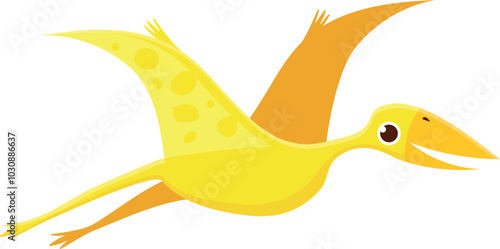 Cartoon illustration of a yellow pterodactyl dinosaur with big wings flying and smiling, isolated over white background.