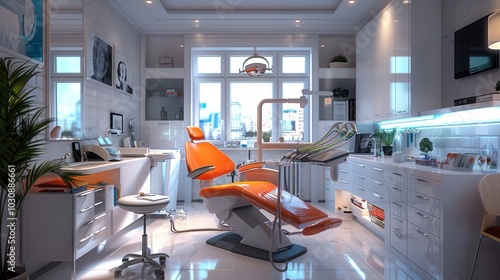 Modern dental office interior, equipped with advanced tools, featuring a welcoming atmosphere and comfortable patient areas.