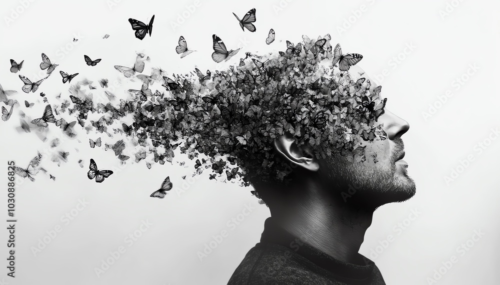 A surreal portrait illustrating the transformation of thoughts into butterflies, symbolizing freedom and creativity. A surreal portrait illustrating the transformation of thoughts into butterflies, symbolizing freedom and creativity.