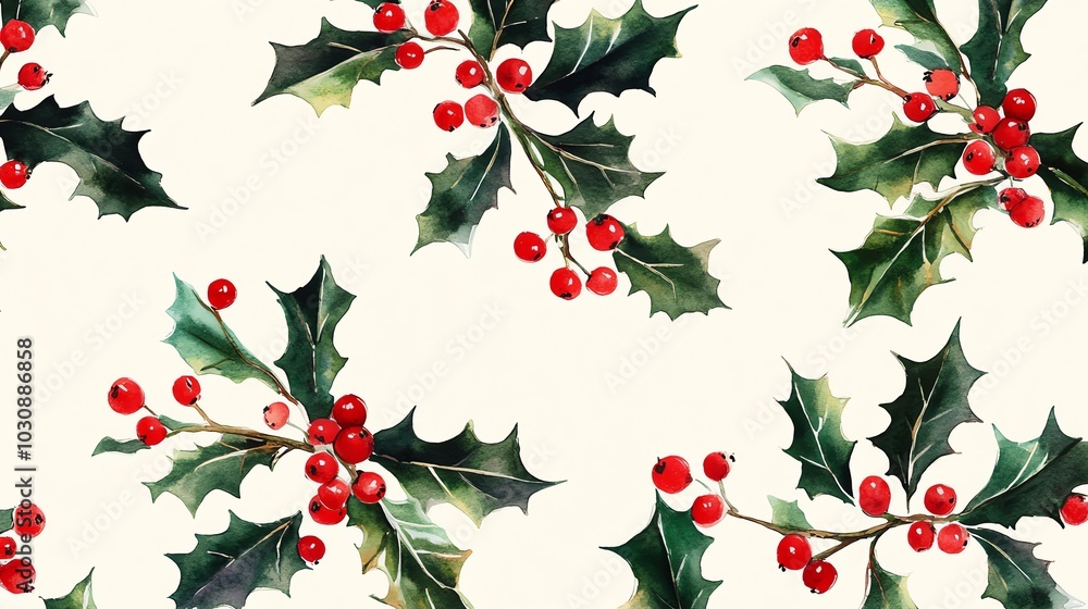Fototapeta premium Vibrant holly leaves and red berries pattern perfect for festive designs and holiday decorations.