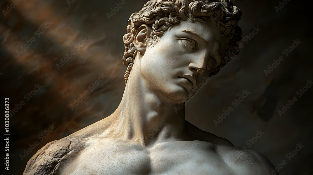 A detailed sculpture of a muscular figure with an expressive gaze. A detailed sculpture of a muscular figure with an expressive gaze.