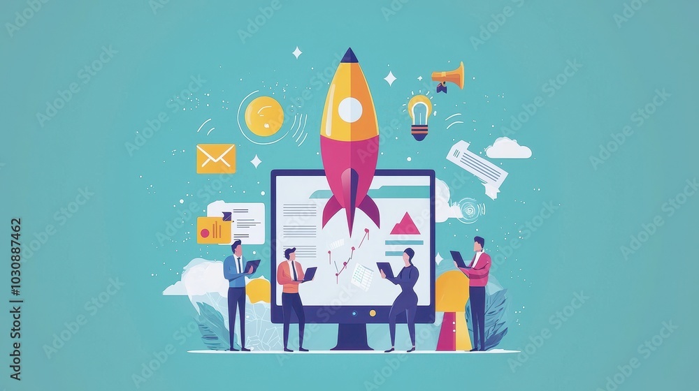 An illustration of a business launch with a rocket rising from a computer screen, symbolizing innovation, startup success, and teamwork. Ideal for themes of entrepreneurship, and business growth An illustration of a business launch with a rocket rising from a computer screen, symbolizing innovation, startup success, and teamwork. Ideal for themes of entrepreneurship, and business growth