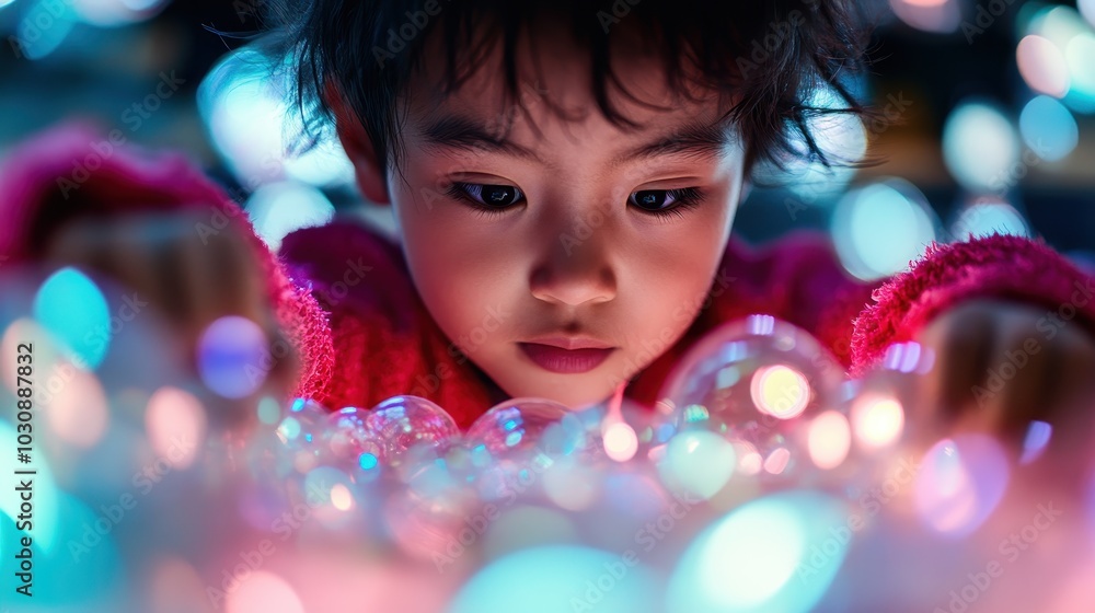 A young child explores a collection of iridescent bubbles with deep curiosity, set against a backdrop of bright and colorful lights, embodying innocence and wonder. A young child explores a collection of iridescent bubbles with deep curiosity, set against a backdrop of bright and colorful lights, embodying innocence and wonder.