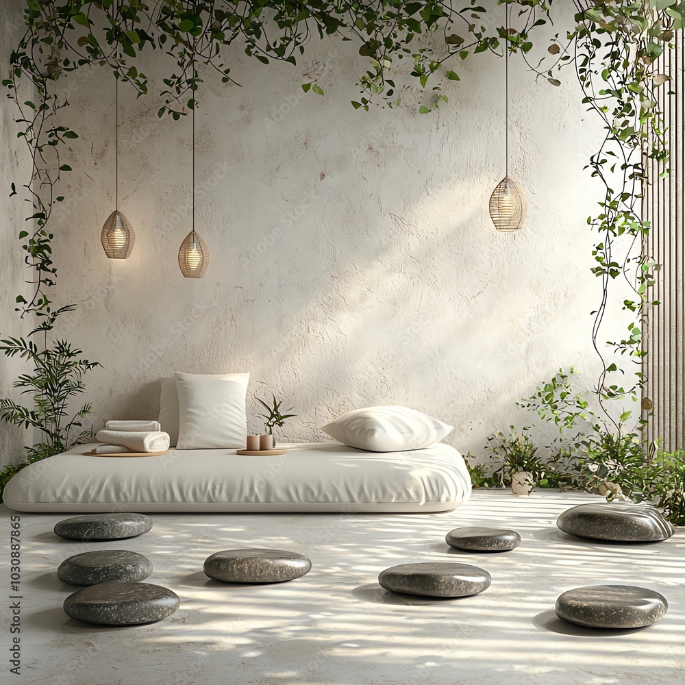 A serene interior space with a minimalist design, featuring natural light, plants, and smooth stones for a calming atmosphere. A serene interior space with a minimalist design, featuring natural light, plants, and smooth stones for a calming atmosphere.