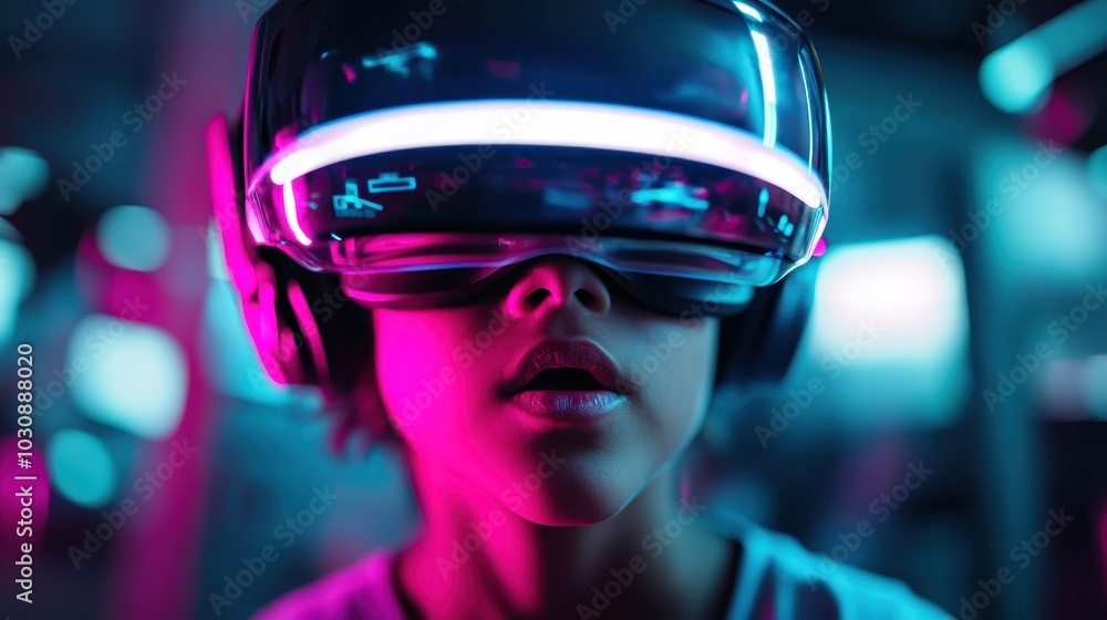 A person immersed in a virtual reality experience, wearing a futuristic VR headset that glows with vibrant neon colors, creating a captivating cyberpunk atmosphere. A person immersed in a virtual reality experience, wearing a futuristic VR headset that glows with vibrant neon colors, creating a captivating cyberpunk atmosphere.