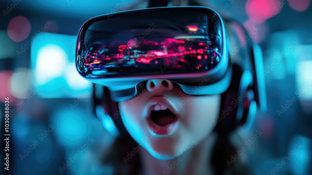With wide-eyed expression and VR headset, a young user experiences an awe-inspiring digital landscape filled with vibrant, colorful elements and thrilling sensations. With wide-eyed expression and VR headset, a young user experiences an awe-inspiring digital landscape filled with vibrant, colorful elements and thrilling sensations.
