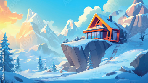 Cottage Standing on Cliff Against Backdrop of Winter Mountain Landscape Cartoon Background Illustration Featuring Cozy Scene Snowy Peaks and Serene Atmosphere
