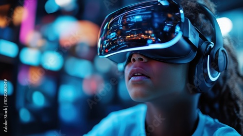 A child deeply absorbed in a captivating virtual world, equipped with a sleek VR headset, reflecting the modern era's blend of technology and playful exploration. photo