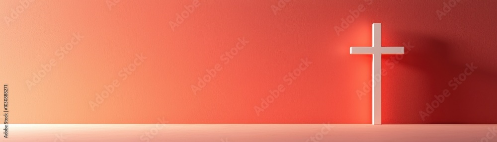 Obraz premium White cross on a soft red background, symbolizing faith and spirituality.