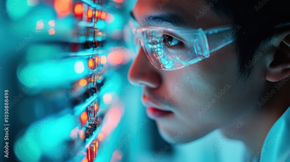A man in safety glasses is captured in profile as he works critically, highlighting the vibrant lights of a high-tech machine or equipment in the background. A man in safety glasses is captured in profile as he works critically, highlighting the vibrant lights of a high-tech machine or equipment in the background.
