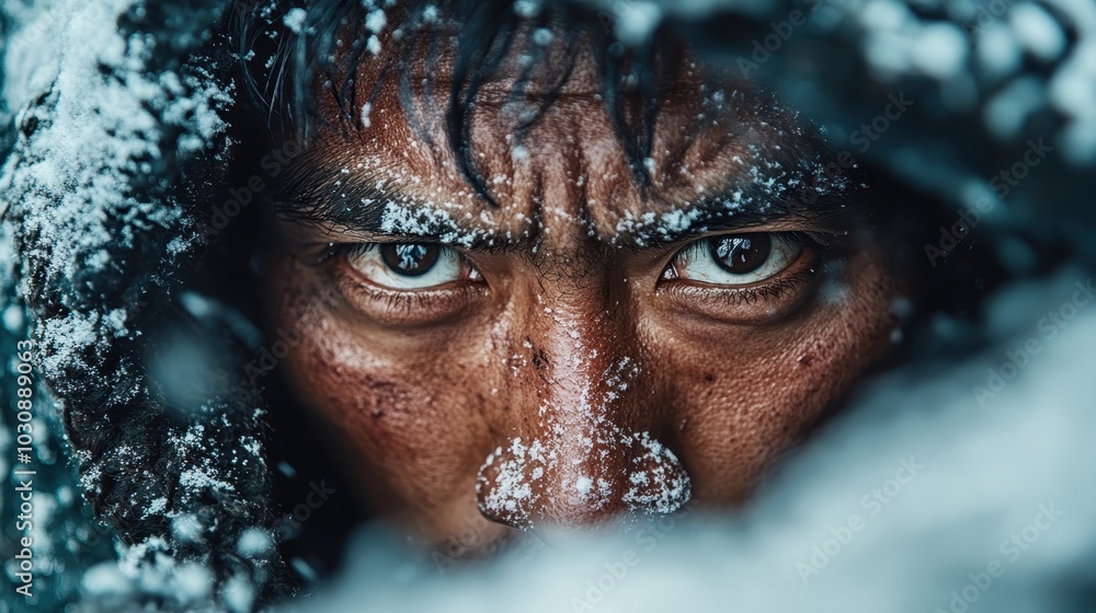A close-up image captures a person's intense gaze amidst falling snow, highlighting rugged determination and perseverance in a harsh, wintry environment. A close-up image captures a person's intense gaze amidst falling snow, highlighting rugged determination and perseverance in a harsh, wintry environment.