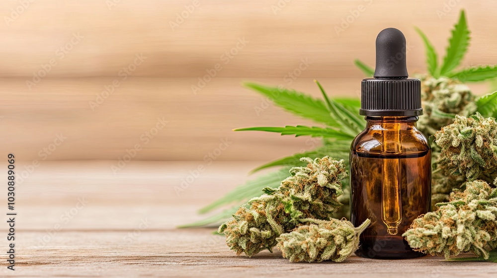Exploring the natural essence of cannabis in a serene setting with tincture and lush buds on a rustic table Exploring the natural essence of cannabis in a serene setting with tincture and lush buds on a rustic table