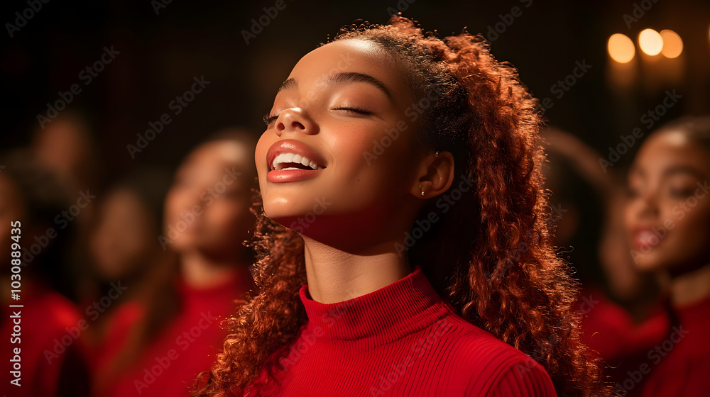 Young woman singing joyfully in a choir, surrounded by others. Young woman singing joyfully in a choir, surrounded by others.
