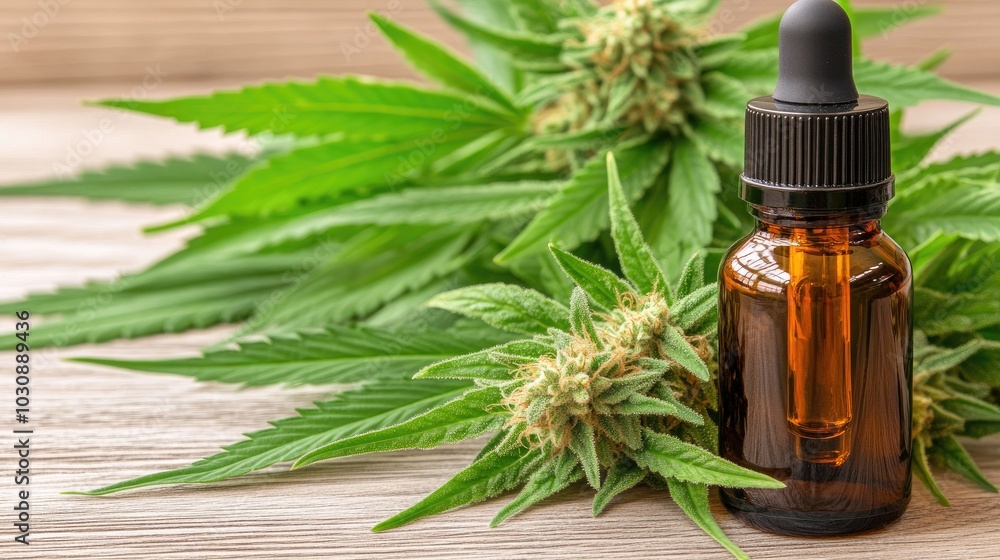 Exploring the natural essence of cannabis in a serene setting with tincture and lush buds on a rustic table Exploring the natural essence of cannabis in a serene setting with tincture and lush buds on a rustic table