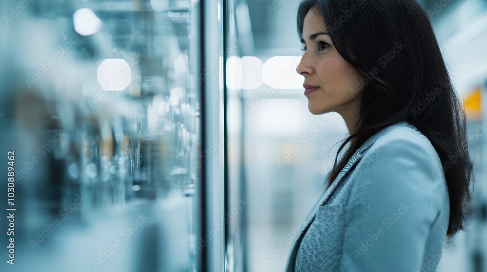This profile view image features a woman in a professional setting, conveying an air of contemplation and confidence. The surroundings suggest a modern business environment. This profile view image features a woman in a professional setting, conveying an air of contemplation and confidence. The surroundings suggest a modern business environment.