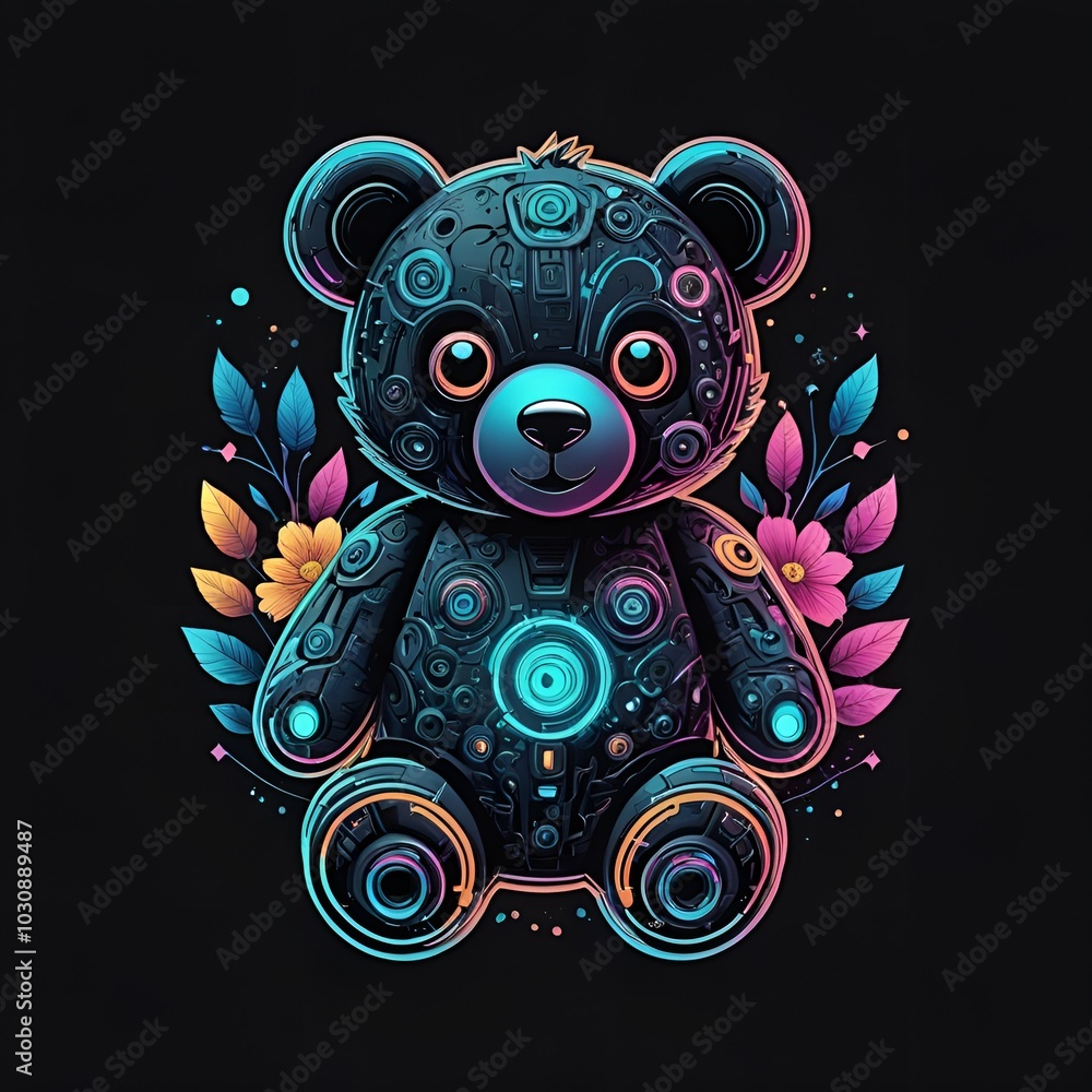 Fototapeta premium Colorful robotic teddy bear illustration with floral elements for t-shirt print
