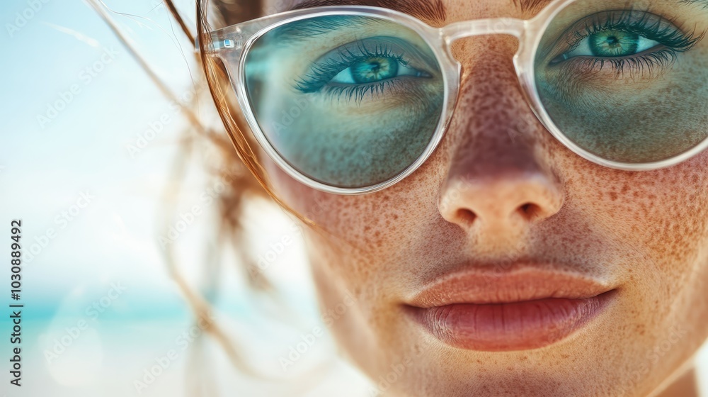 A close-up portrait of a woman with freckles and stylish glasses enjoying a sunny day at the beach, evoking a sense of freedom and tranquility. A close-up portrait of a woman with freckles and stylish glasses enjoying a sunny day at the beach, evoking a sense of freedom and tranquility.