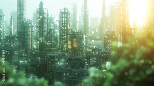 A futuristic industrial landscape with green foliage, showcasing towering structures and glowing lights in a soft, hazy atmosphere.