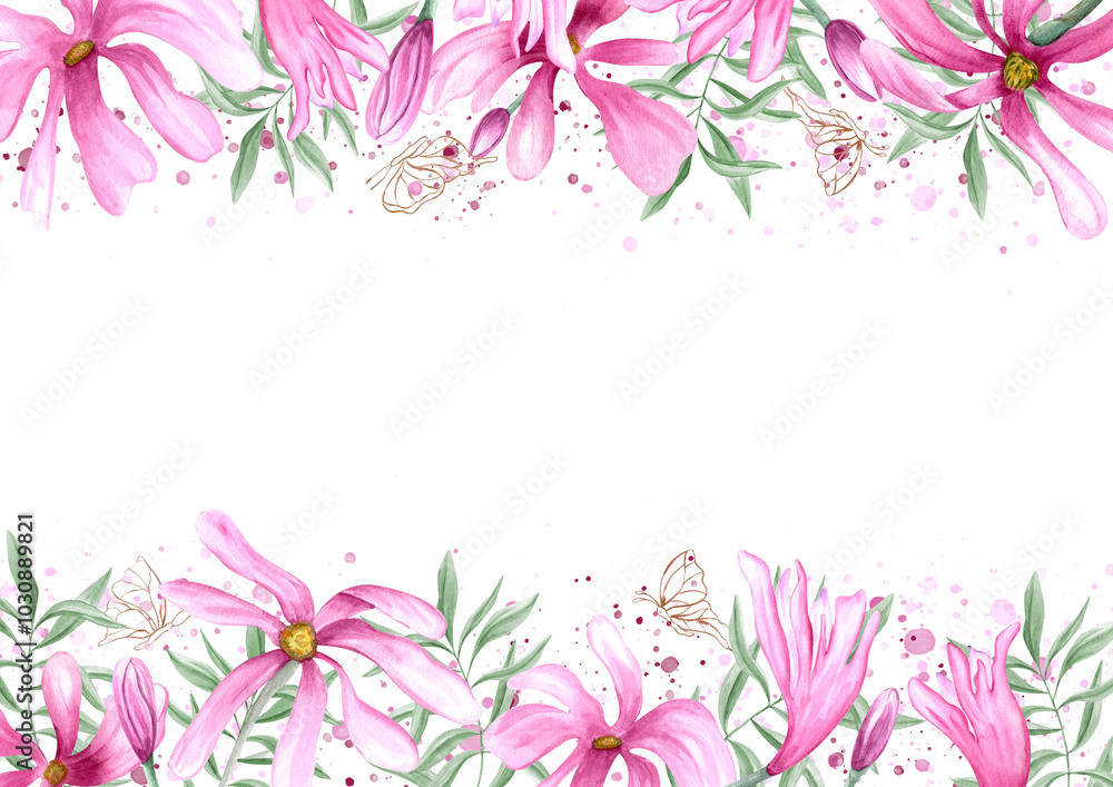 Spring blooming pink flowers, green eucalyptus, fluttering golden butterflies on watercolor splashes horizontal frame. Magnolia flowers illustration with copy space for text. For invitation, greeting Spring blooming pink flowers, green eucalyptus, fluttering golden butterflies on watercolor splashes horizontal frame. Magnolia flowers illustration with copy space for text. For invitation, greeting