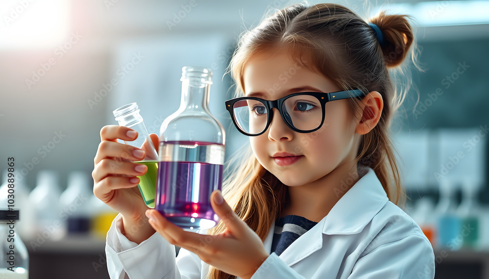 Little 6s cute girl wear glasses holding laboratory bottle with colour water experiment study scientists at school while looking at tube test in her hand. Education science concept isolated with whi Little 6s cute girl wear glasses holding laboratory bottle with colour water experiment study scientists at school while looking at tube test in her hand. Education science concept isolated with whi