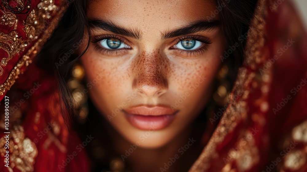 The portrait of a woman with captivating blue eyes is wrapped in rich, ornate red fabric. The intriguing mix of colors embodies allure and tradition, emphasizing heritage. The portrait of a woman with captivating blue eyes is wrapped in rich, ornate red fabric. The intriguing mix of colors embodies allure and tradition, emphasizing heritage.