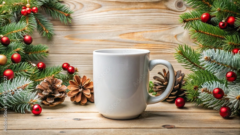 Aerial blank white ceramic coffee mug with a Christmas background mockup Aerial blank white ceramic coffee mug with a Christmas background mockup