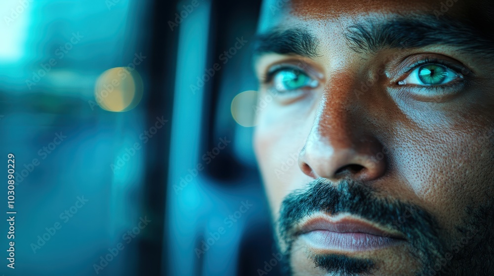 A striking close-up of a man's face featuring vividly blue eyes, suggesting concentration and determination against a softly blurred background of gentle light. A striking close-up of a man's face featuring vividly blue eyes, suggesting concentration and determination against a softly blurred background of gentle light.