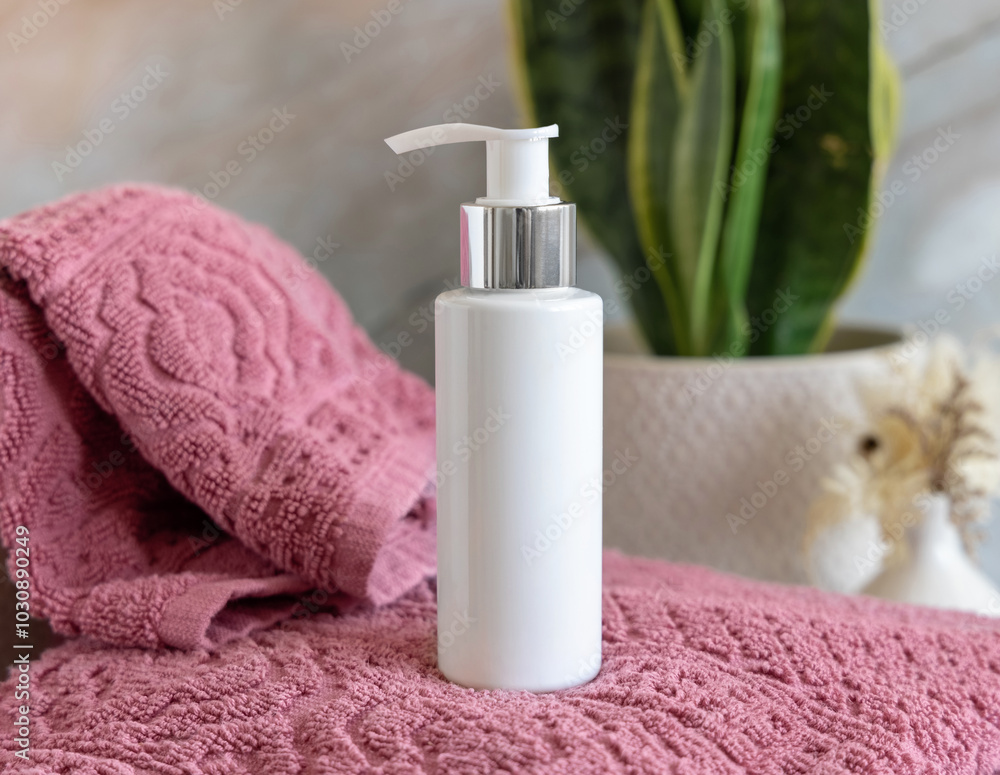 White cosmetic pump bottle on pink towels near green plant close up in bathroom, mockup White cosmetic pump bottle on pink towels near green plant close up in bathroom, mockup