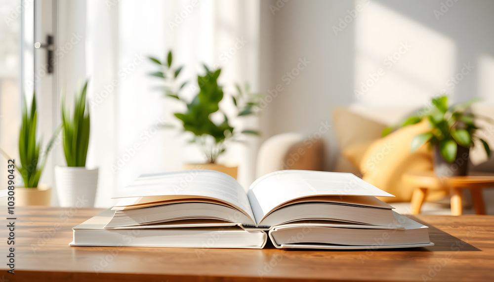 White hard cover book mock up, Book in comfort living room with warm and cozy natural light, Artificial houseplant and decoration isolated with white highlights, png White hard cover book mock up, Book in comfort living room with warm and cozy natural light, Artificial houseplant and decoration isolated with white highlights, png