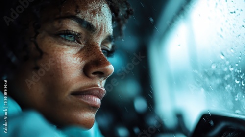 A vessel on rough seas with a resolute woman at helm, eyes set on the horizon, embodying courage and determination in facing nature's unpredictable challenges. photo