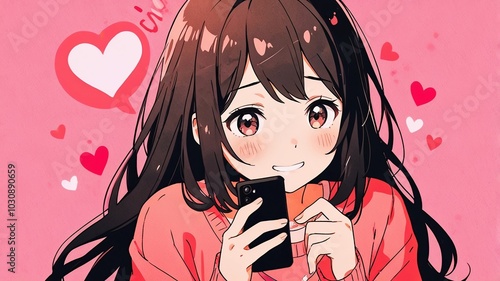 animed girl holding and looking at her phone and looking happy and ashamed for receiving love messages on the phone. 